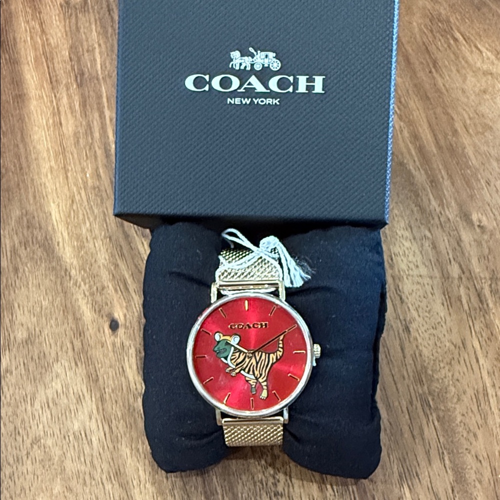 NWT 💥RARE💥 Coach T-Rex Mascot Red Dial Watch with Gold Mesh Band